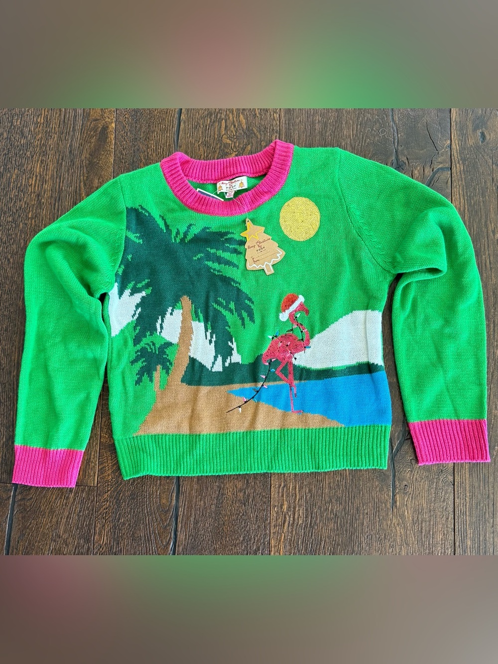 NWT Poof! Green Holiday Flamingo Sweater with Pink Trim